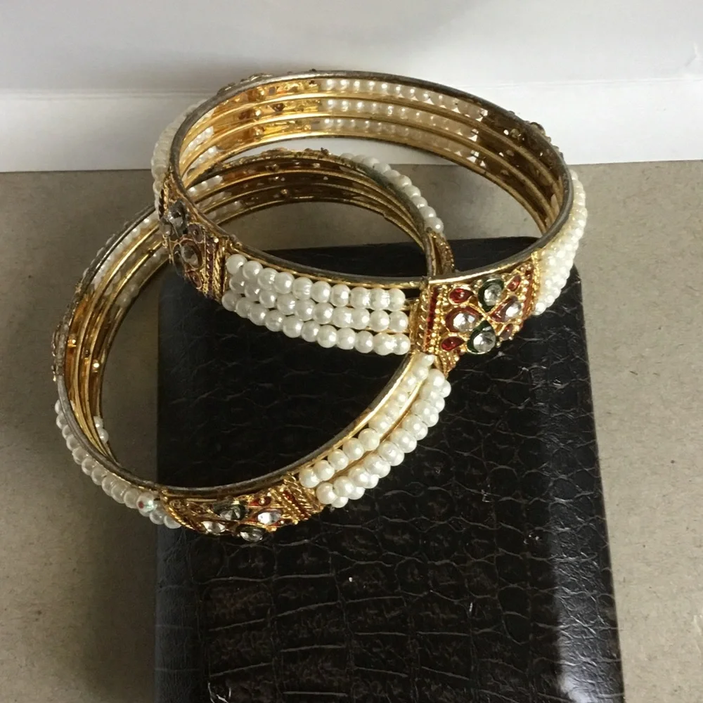 Gold Pearl and Crystal Women's Bangle Set
